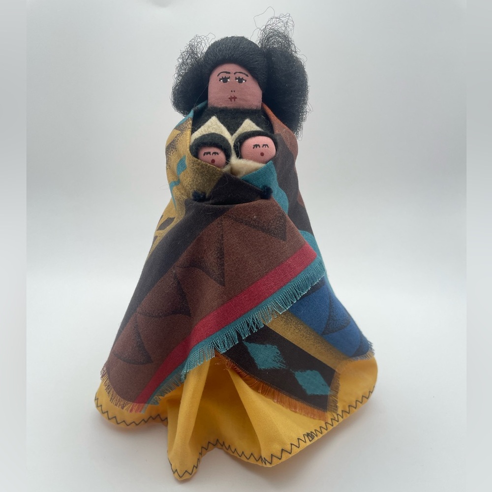 Handcrafted Navajo Cloth Folk Doll with Two Babies, Signed by Sylvana Nelson